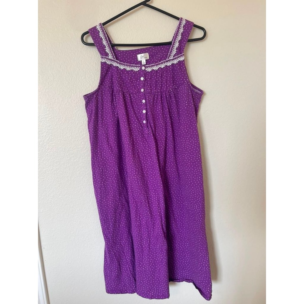 Aria Collection Purple Polka Dot Cotton Lace Trim Nightgown Sleep Dress Large